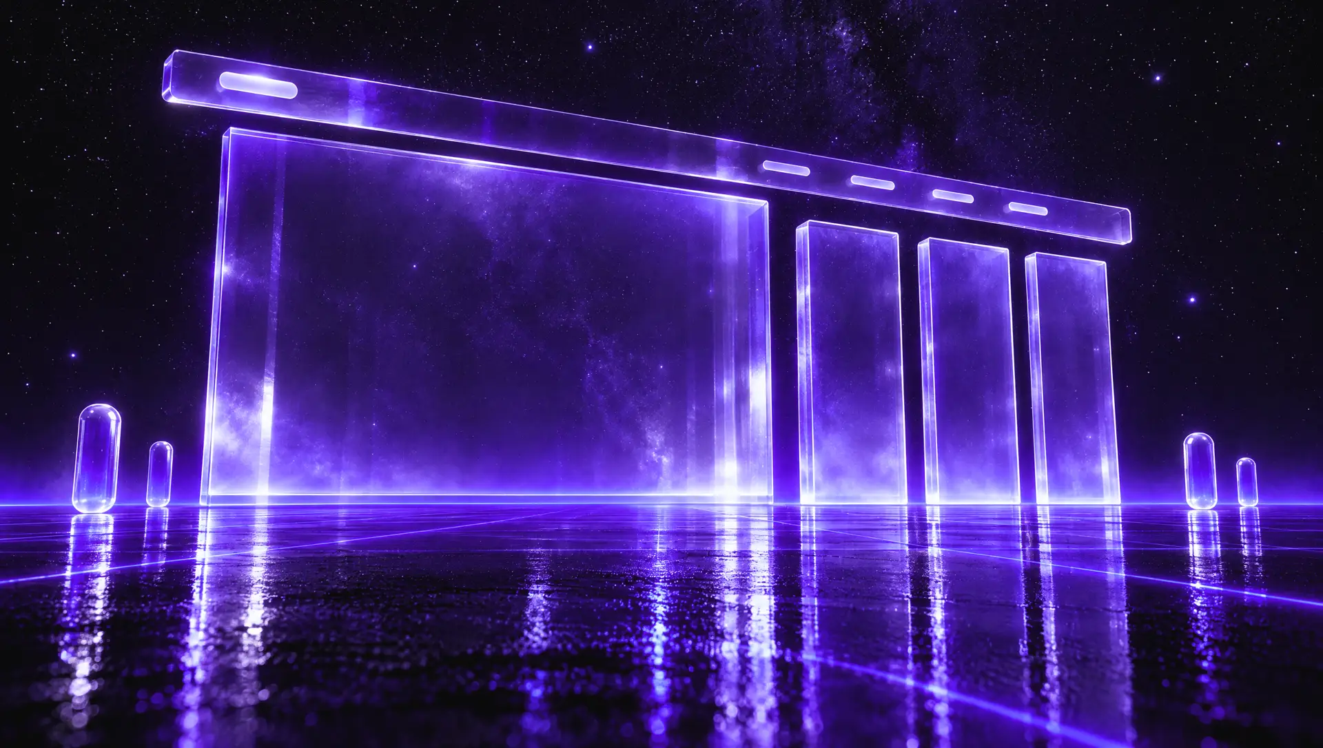 Glass structures rising from the grid: a long bridge, a large monolith, three slabs and small pillars, like the parts of a web page.